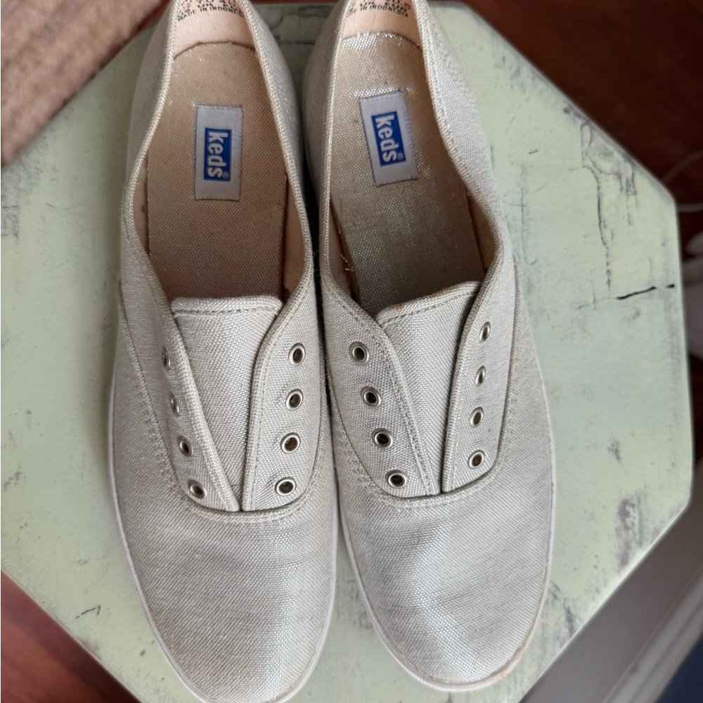 Keds Light Gray Metallic Canvas Slip-On Sneakers